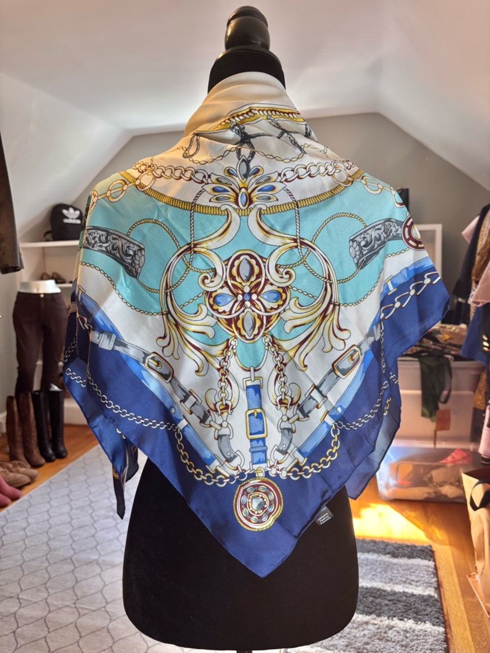 CLOIE Equestrian Chain & Belt Silk-Feel Square Scarfs — Pink & Blue - Picture 5 of 7